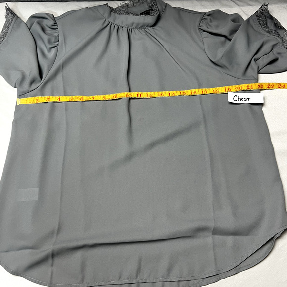 Ann Taylor Lace Trim Mock Neck‎ Yoke Blouse Size L Gray Career Essential Fringe - Picture 4 of 11